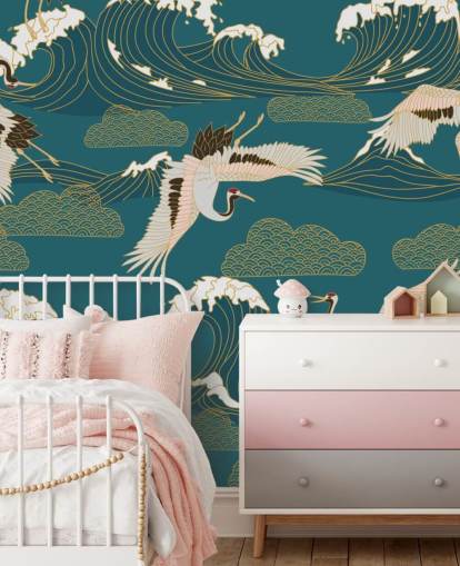 pink and white cranes with teal green ocean background wallpaper