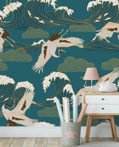 rosa und weiße Kraniche mit blaugrün grünen Ozean Hintergrundtapete