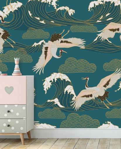 roze en witte kranen met groengroen oceaanachtergrondbehang