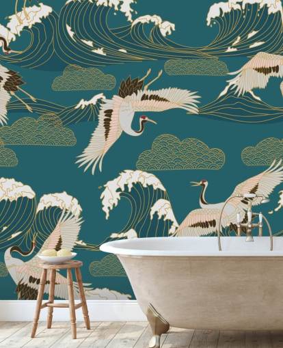 pink and white cranes with teal green ocean background wallpaper