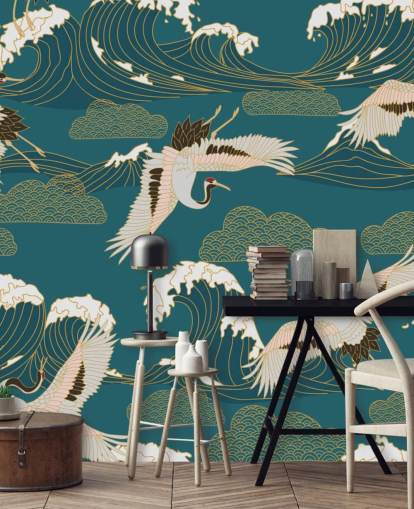 pink and white cranes with teal green ocean background wallpaper