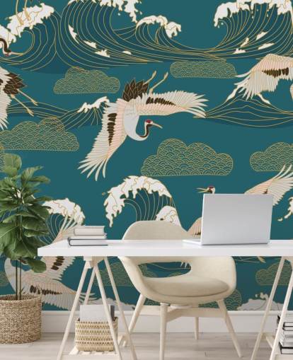 pink and white cranes with teal green ocean background wallpaper