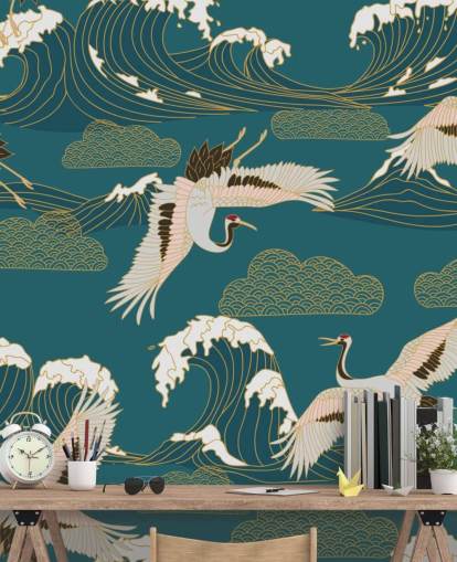 pink and white cranes with teal green ocean background wallpaper