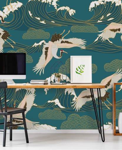 pink and white cranes with teal green ocean background wallpaper