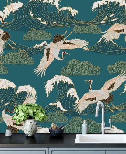 pink and white cranes with teal green ocean background wallpaper