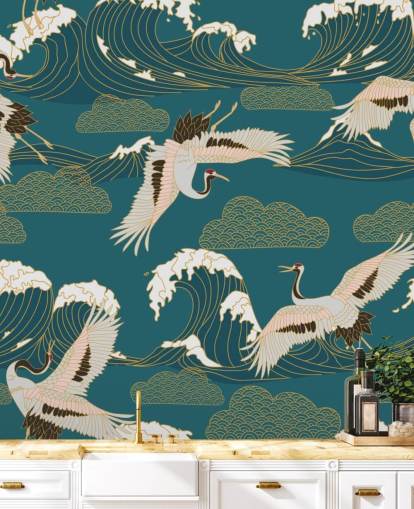 pink and white cranes with teal green ocean background wallpaper