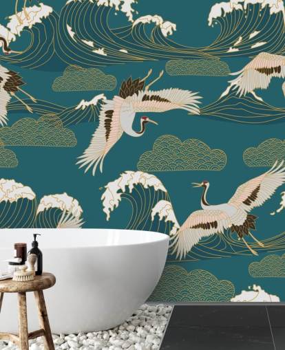pink and white cranes with teal green ocean background wallpaper