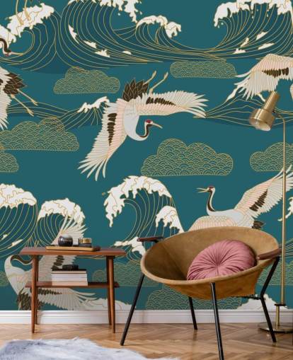 pink and white cranes with teal green ocean background wallpaper