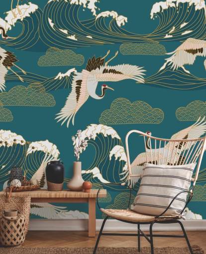 pink and white cranes with teal green ocean background wallpaper