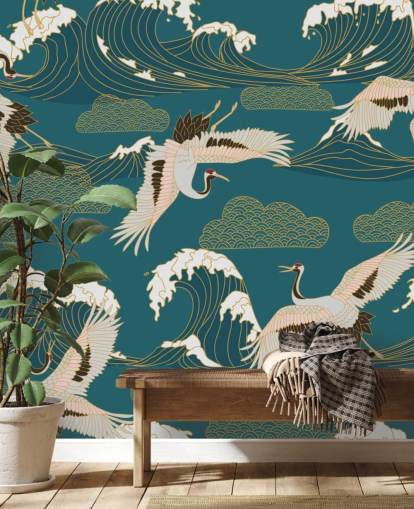 pink and white cranes with teal green ocean background wallpaper