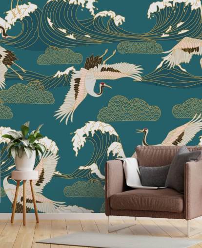 pink and white cranes with teal green ocean background wallpaper