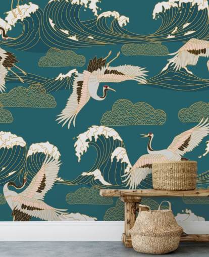 pink and white cranes with teal green ocean background wallpaper