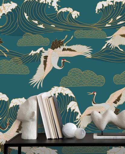 pink and white cranes with teal green ocean background wallpaper