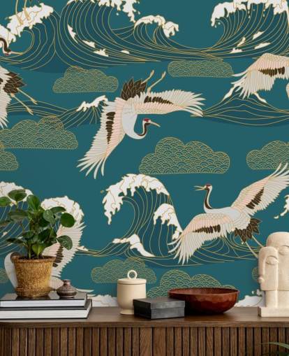 pink and white cranes with teal green ocean background wallpaper