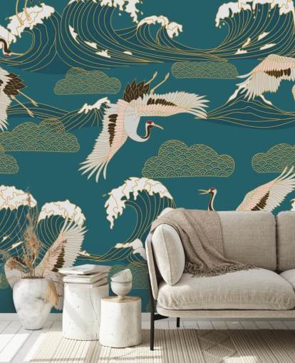 pink and white cranes with teal green ocean background wallpaper