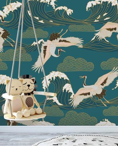 pink and white cranes with teal green ocean background wallpaper