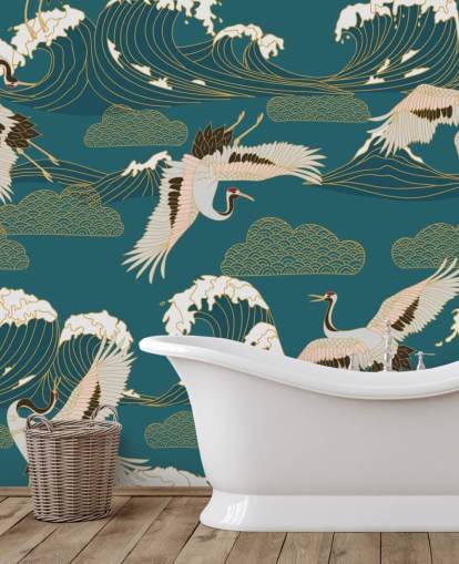 pink and white cranes with teal green ocean background wallpaper