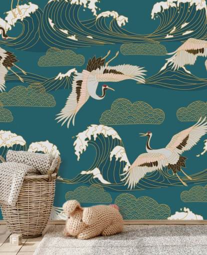 rosa og hvite kraner med blågrønn grønn hav bakgrunn tapet rosa og hvite kraner med blågrønn grønn hav bakgrunn tapet