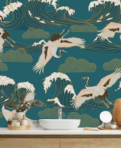 pink and white cranes with teal green ocean background wallpaper pink and white cranes with teal green ocean background wallpaper