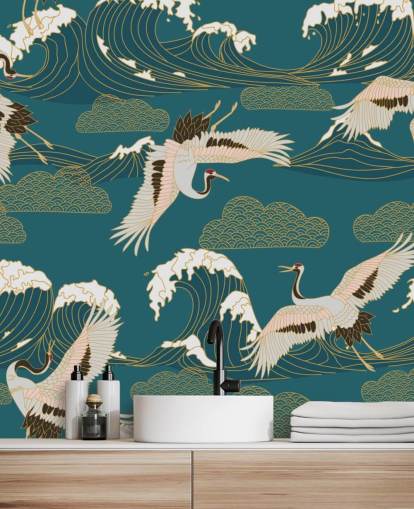 pink and white cranes with teal green ocean background wallpaper