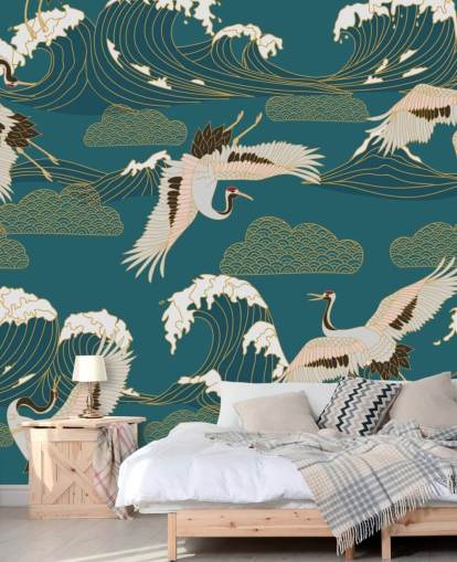 pink and white cranes with teal green ocean background wallpaper