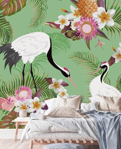 deux grues avec feuillage tropical et fond vert papier peint deux grues avec feuillage tropical et fond vert papier peint