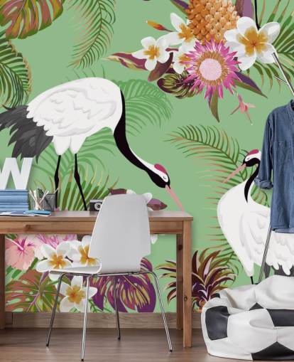 two cranes with tropical foliage and green background wallpaper two cranes with tropical foliage and green background wallpaper