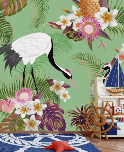 dos grullas con follaje tropical y papel tapiz de fondo verde
