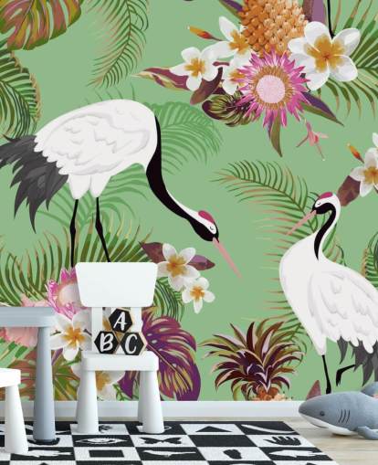 two cranes with tropical foliage and green background wallpaper two cranes with tropical foliage and green background wallpaper