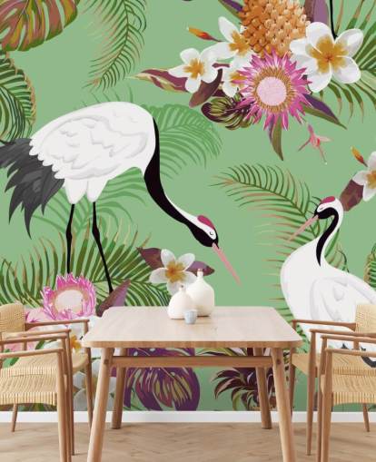 deux grues avec feuillage tropical et fond vert papier peint deux grues avec feuillage tropical et fond vert papier peint