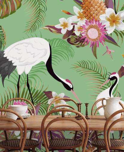 two cranes with tropical foliage and green background wallpaper