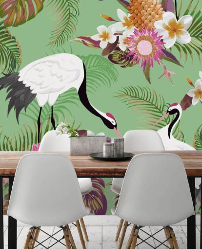 two cranes with tropical foliage and green background wallpaper two cranes with tropical foliage and green background wallpaper