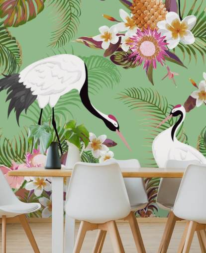 deux grues avec feuillage tropical et fond vert papier peint