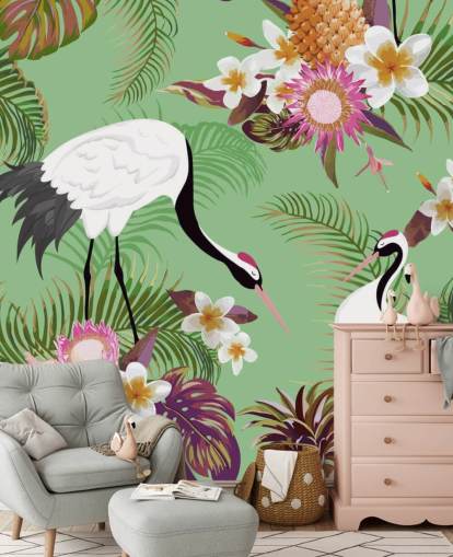 two cranes with tropical foliage and green background wallpaper