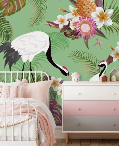 two cranes with tropical foliage and green background wallpaper