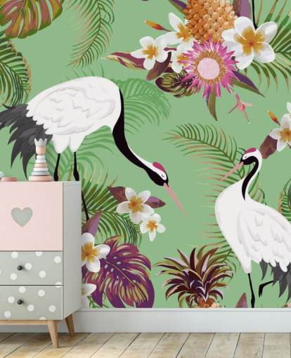 dos grullas con follaje tropical y papel tapiz de fondo verde