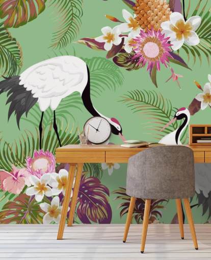 dos grullas con follaje tropical y papel tapiz de fondo verde