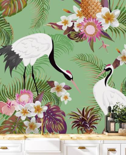 deux grues avec feuillage tropical et fond vert papier peint deux grues avec feuillage tropical et fond vert papier peint