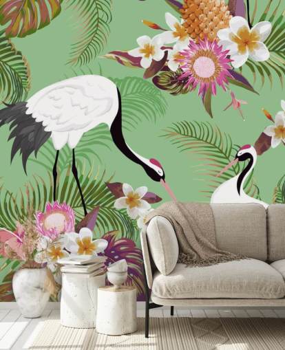 two cranes with tropical foliage and green background wallpaper