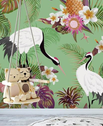 dos grullas con follaje tropical y papel tapiz de fondo verde