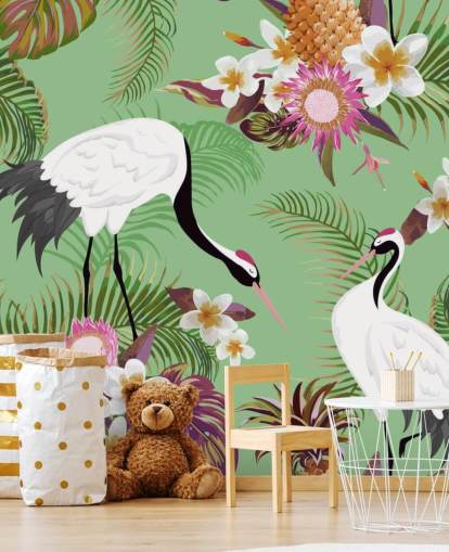 dos grullas con follaje tropical y papel tapiz de fondo verde dos grullas con follaje tropical y papel tapiz de fondo verde
