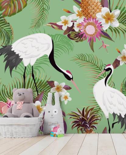 two cranes with tropical foliage and green background wallpaper two cranes with tropical foliage and green background wallpaper