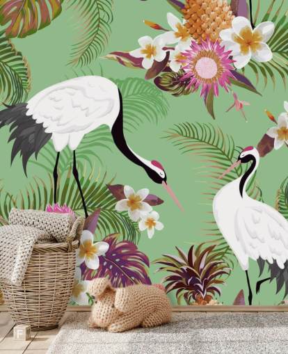 two cranes with tropical foliage and green background wallpaper