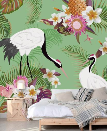 deux grues avec feuillage tropical et fond vert papier peint
