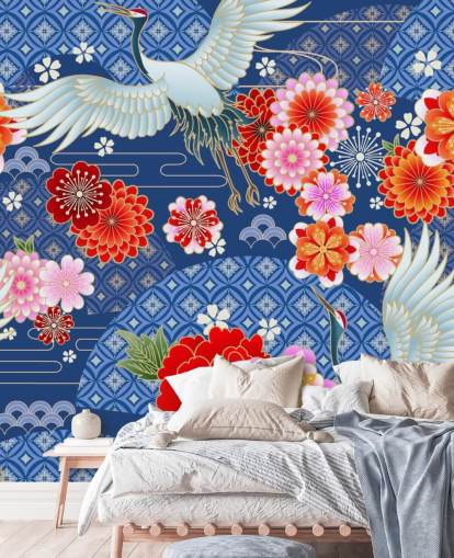 cranes and bright flowers against blue patterned landscape wallpaper cranes and bright flowers against blue patterned landscape wallpaper