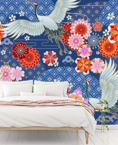 cranes and bright flowers against blue patterned landscape wallpaper