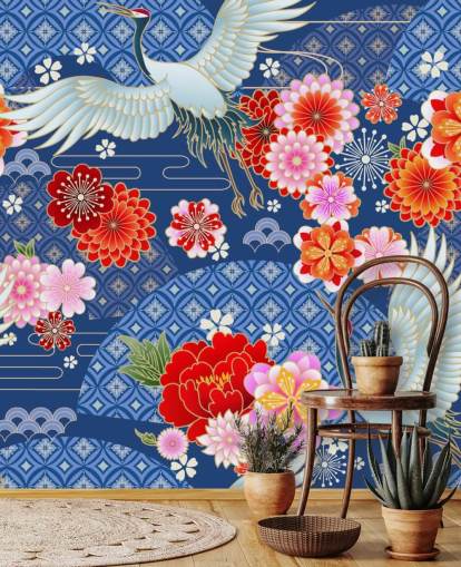 gru e fiori luminosi contro carta da parati blu paesaggio fantasia