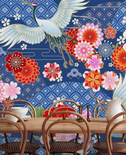 grullas y flores brillantes contra papel tapiz de paisaje azul