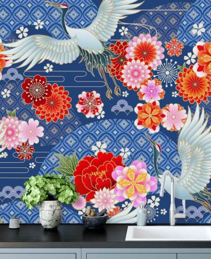 cranes and bright flowers against blue patterned landscape wallpaper