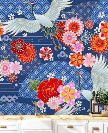 cranes and bright flowers against blue patterned landscape wallpaper